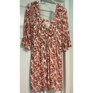 LUNA Women’s babydoll Mini Dress Size L Red Roses Smocked Ruffle Chiffon Lined